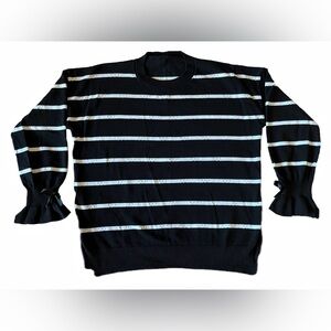Women’s Black & White Striped Sweater with Flared Cuff Sleeves and Wrist Bow Tie